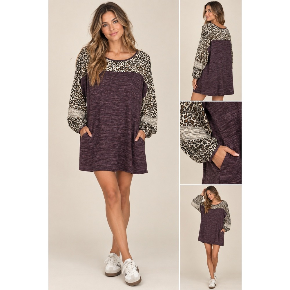 Umgee Plum Purple Leopard Print Tunic Dress Pockets Medium C2246